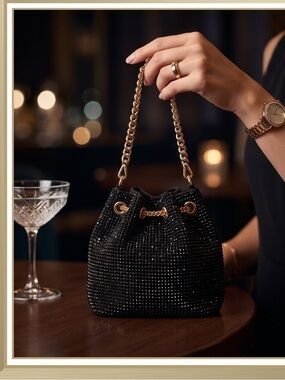 Olga Berg Black Beaded Crossbody Bucket Bag with Gold Chain & Tassels